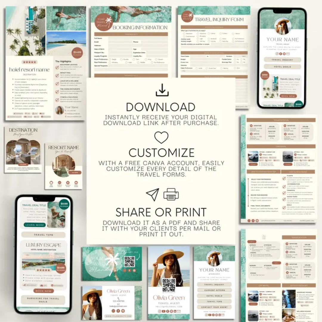 Travel Agent Business Templates: Forms, Proposals, Link in Bio & Social Media (Canva)