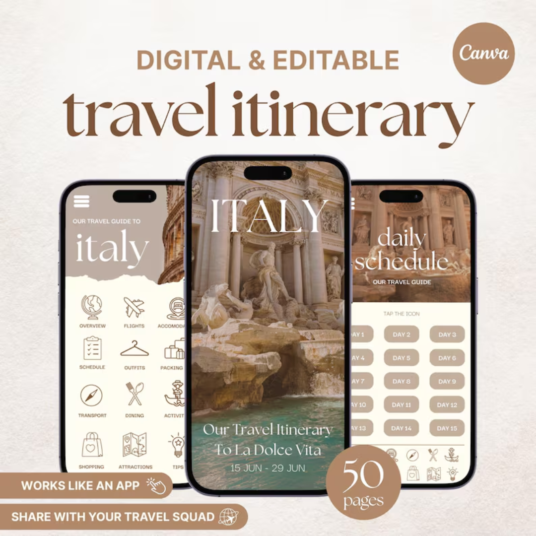 Travel Itinerary Template: 50-Page Mobile Travel Guide for Trip Planning & Agents (Canva)
