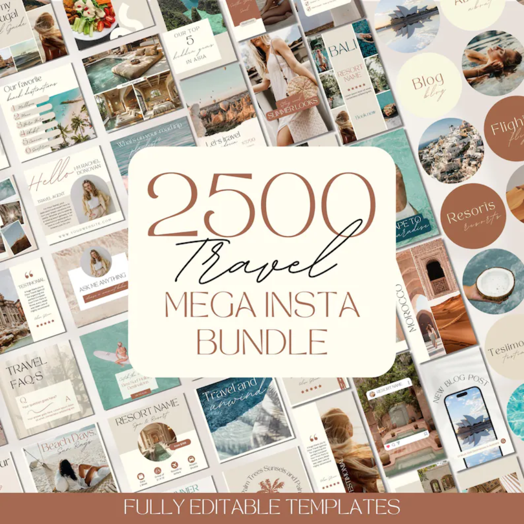 2500 Travel Instagram Templates: Travel Agent & Blogger Social Media Bundle (Canva)