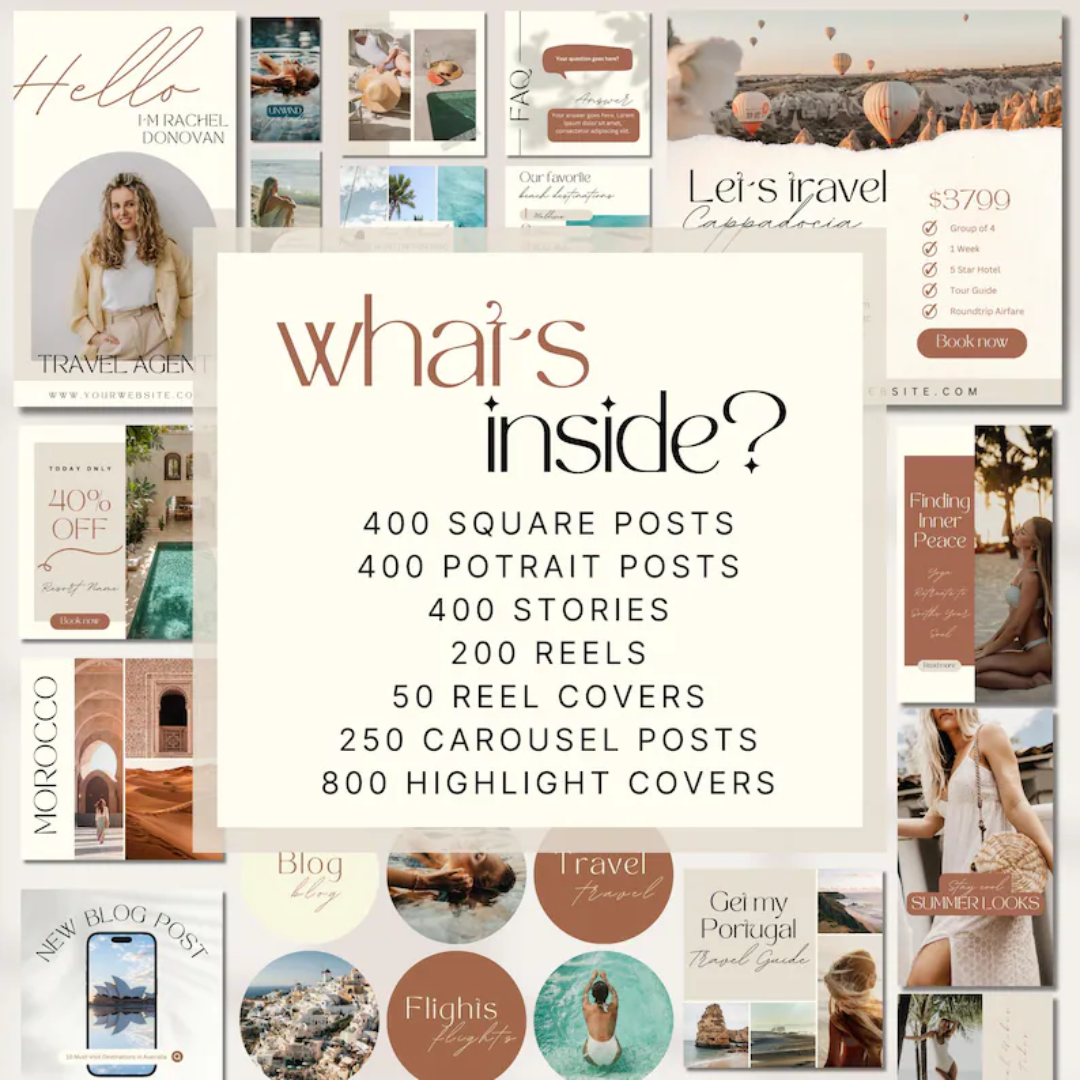 2500 Travel Instagram Templates: Travel Agent & Blogger Social Media Bundle (Canva)