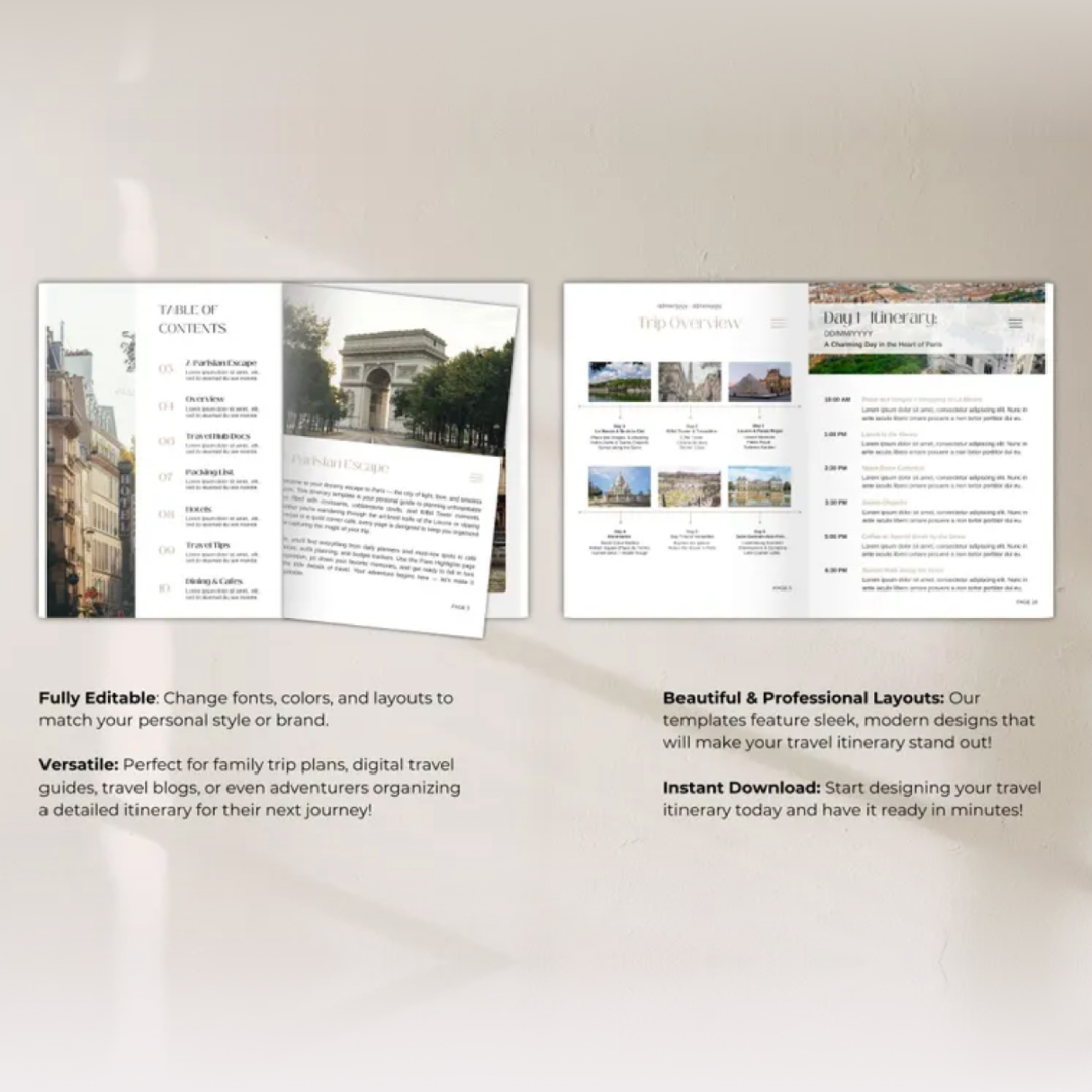 Travel Itinerary Template | Trip Itinerary | Printable Travel Guide | Travel Agent Planner | Canva Templates | Mobile Travel Planner
