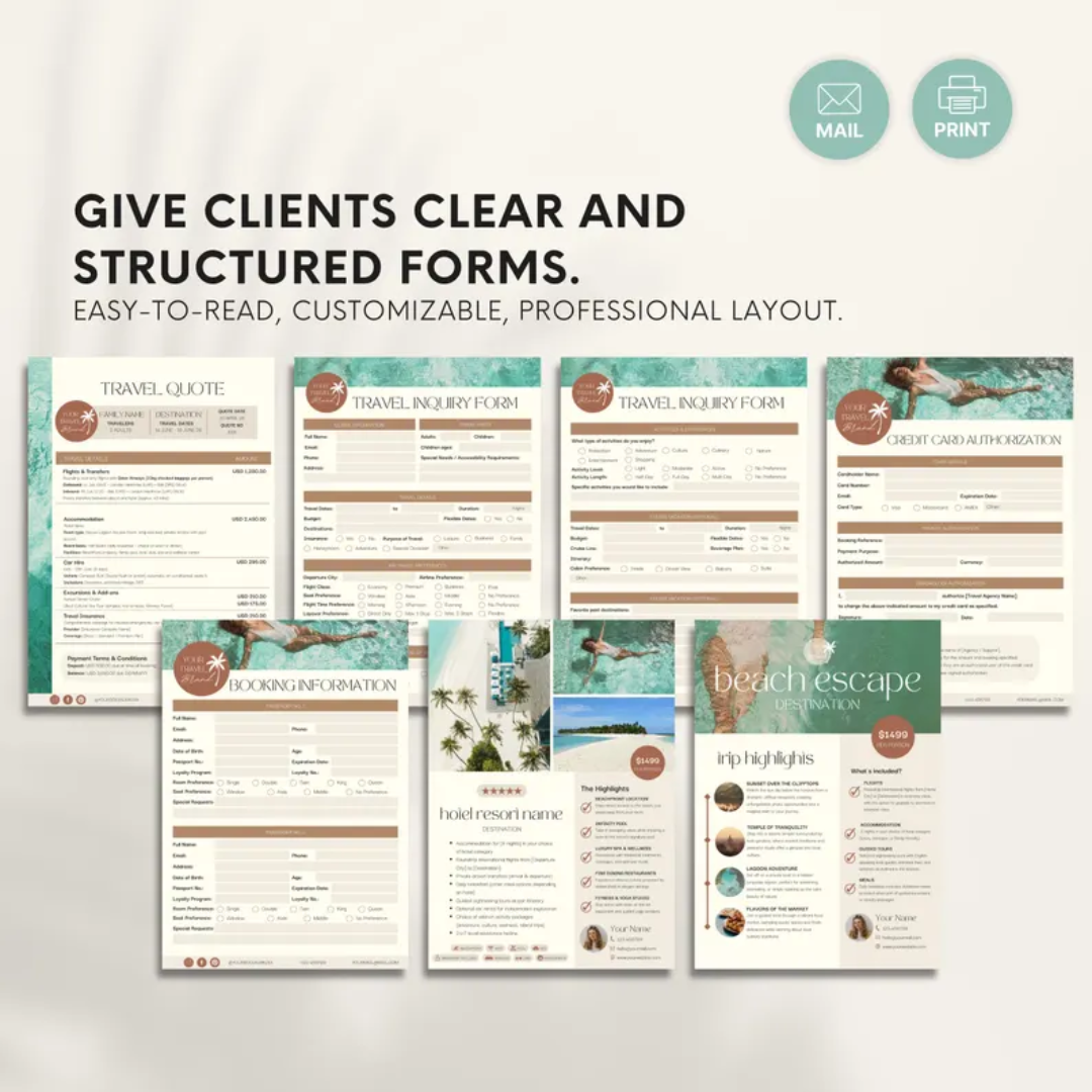 Travel Agent Business Templates: Forms, Proposals, Link in Bio & Social Media (Canva)
