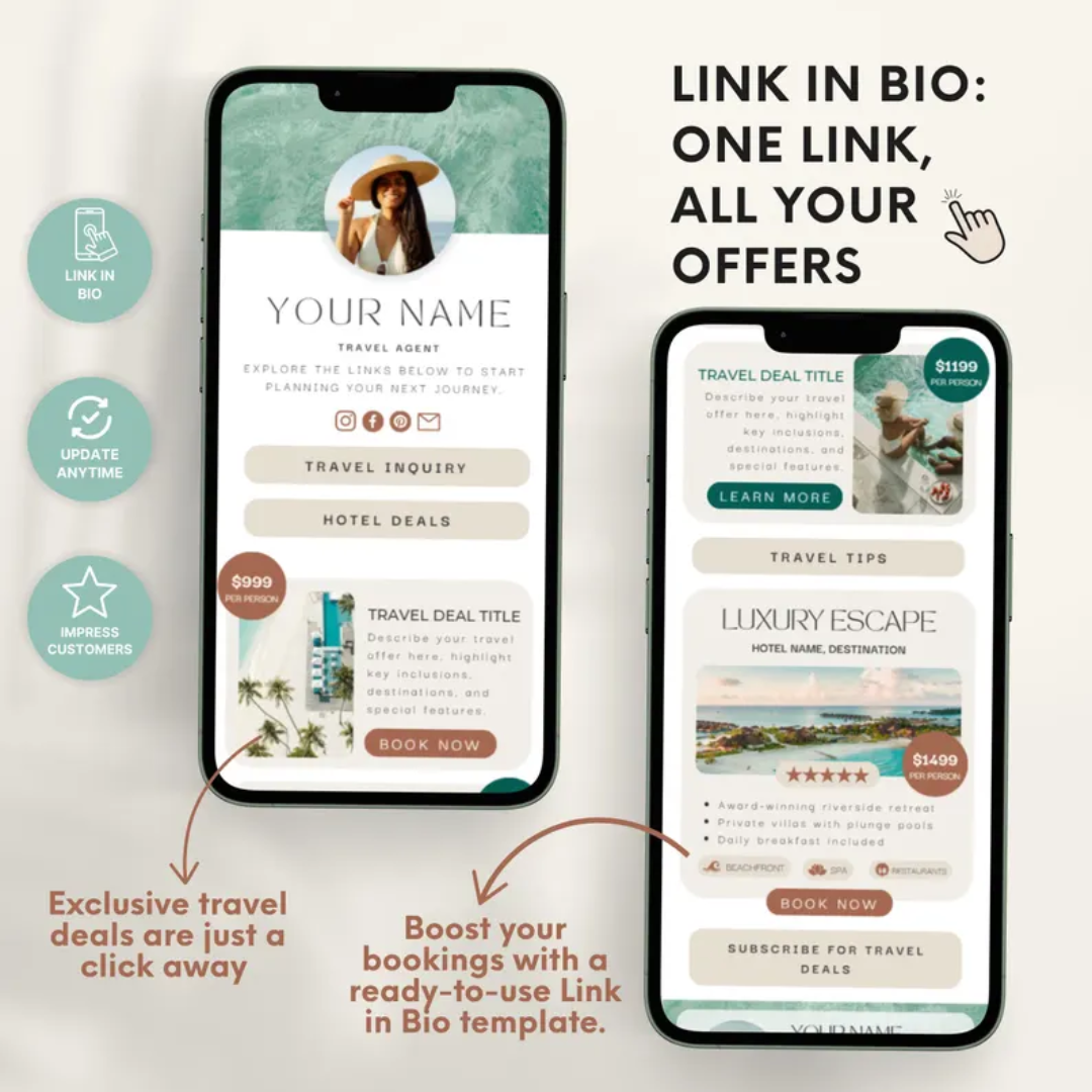 Travel Agent Business Templates: Forms, Proposals, Link in Bio & Social Media (Canva)