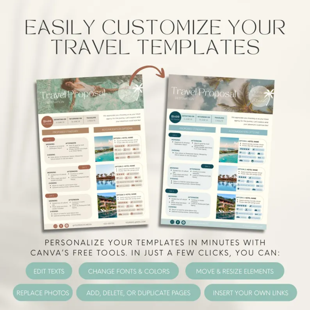 Travel Agent Business Templates: Forms, Proposals, Link in Bio & Social Media (Canva)