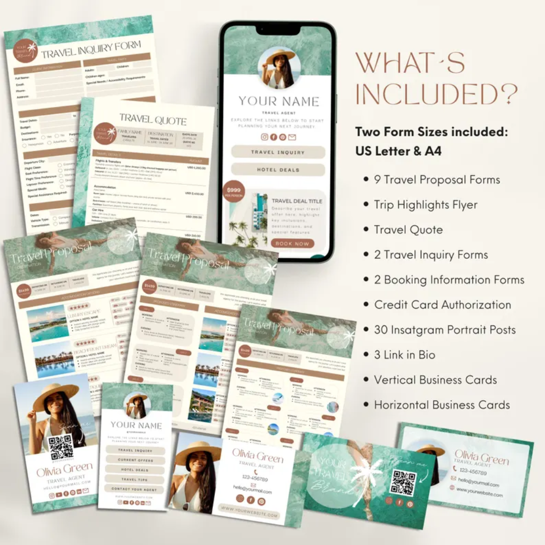 Travel Agent Business Templates: Forms, Proposals, Link in Bio & Social Media (Canva)