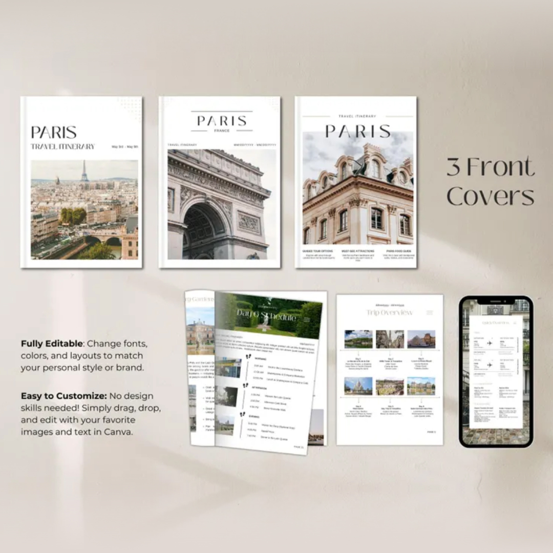 Travel Itinerary Template | Trip Itinerary | Printable Travel Guide | Travel Agent Planner | Canva Templates | Mobile Travel Planner