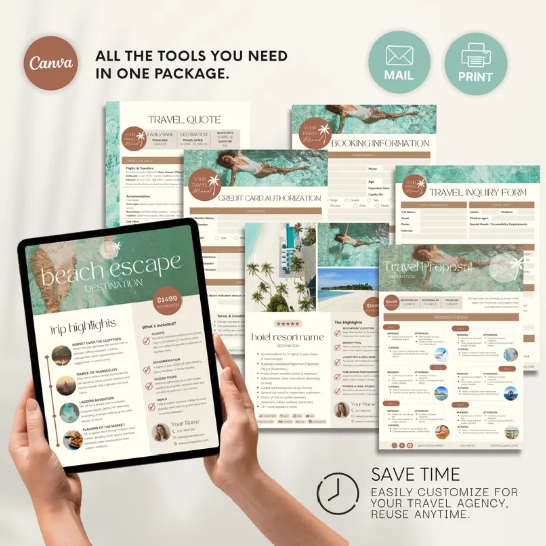 Travel Agent Business Templates: Forms, Proposals, Link in Bio & Social Media (Canva)