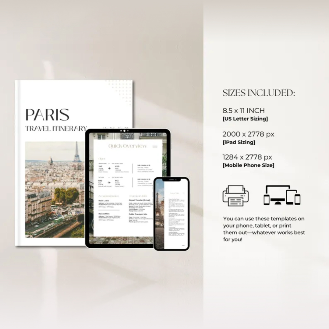 Travel Itinerary Template | Trip Itinerary | Printable Travel Guide | Travel Agent Planner | Canva Templates | Mobile Travel Planner